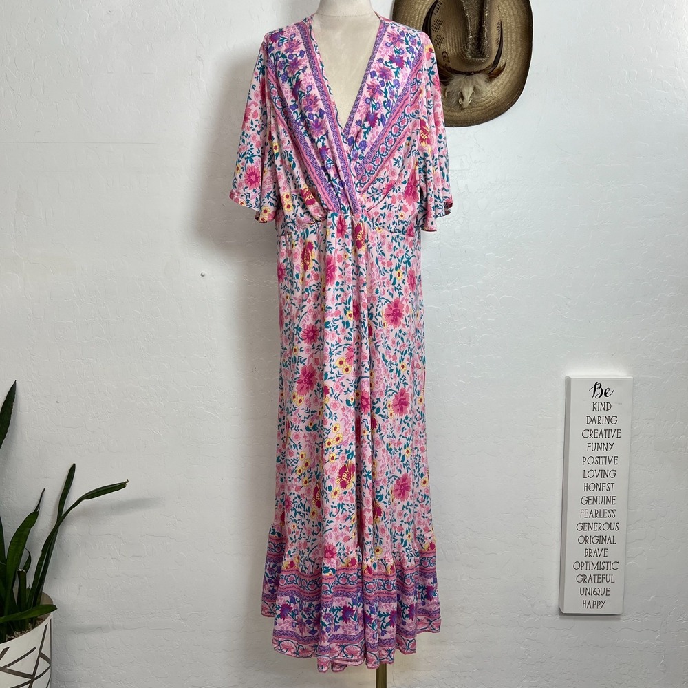 Floral Print Butterfly Sleeve Boho Maxi Dress Pink Teal V-Neck 4XL ruffle flowy
